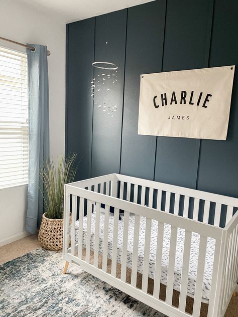 Blue Nursery Black Crib, Delta Crib, Navy Blue Nursery Boy, Baby Blue Nursery, Baby Cam, Blue Nursery Boy, Nursery Accent Wall, Boy Nursery Themes, Baby Nursery Inspiration