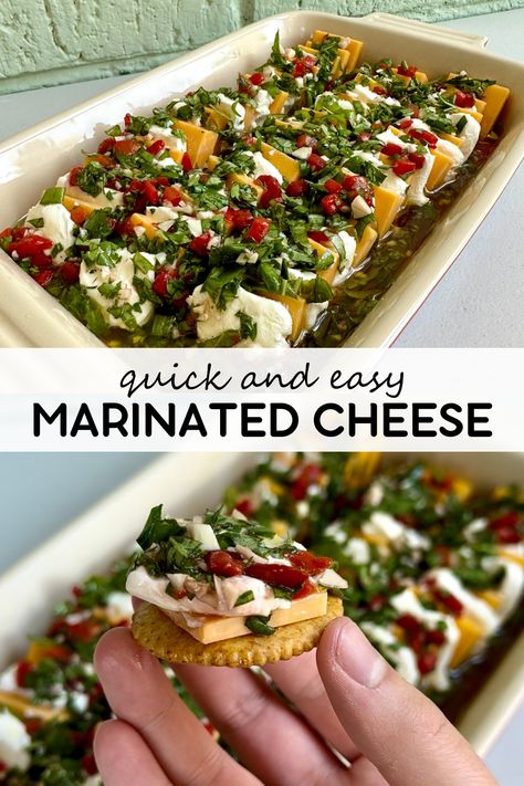 This simple marinated cheese appetizer is made with cheddar cheese, cream cheese, and marinated in an herby vinaigrette. Delicious served alongside crackers or pita chips! 12 Tomatoes Marinated Cheese Plate, Marinated Cream Cheese, Marinaded Cheese Plate, Cheese Dishes Appetizers, Marinated Cheese Dip, Cheese Gal Recipes, Marinated Cheddar Cheese, Cheese And Cracker Appetizers, Marinated Cheese Recipe