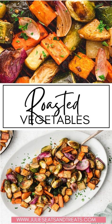 Dive into our scrumptious Easy Oven Roasted Vegetables! Bursting with flavor from onions, sweet potatoes, red onion, zucchini, and carrots, all beautifully roasted in a tangy balsamic drizzle. Perfect as a side or for meal prep - make them in bulk and enjoy all week long! Balsamic Sweet Potatoes, Roasted Potatoes And Onions, Oven Roasted Zucchini, Sweet Potato Oven, Roasted Veggies In Oven, Easy Roasted Vegetables, Balsamic Drizzle, Sweet Potato Side Dish, Oven Roasted Sweet Potatoes