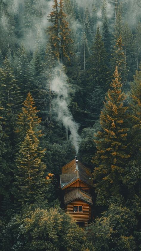 Serene wooden cabin surrounded by pine trees, cozy glow from windows, chimney smoke blending with forest mist. Cozy Cabin Aesthetic, Viking Wallpaper, Little Cabin In The Woods, Cabin Aesthetic, Wooden Cabin, Cabin Retreat, Forest Cabin, Man Cave Wall Art, Wooden Cabins