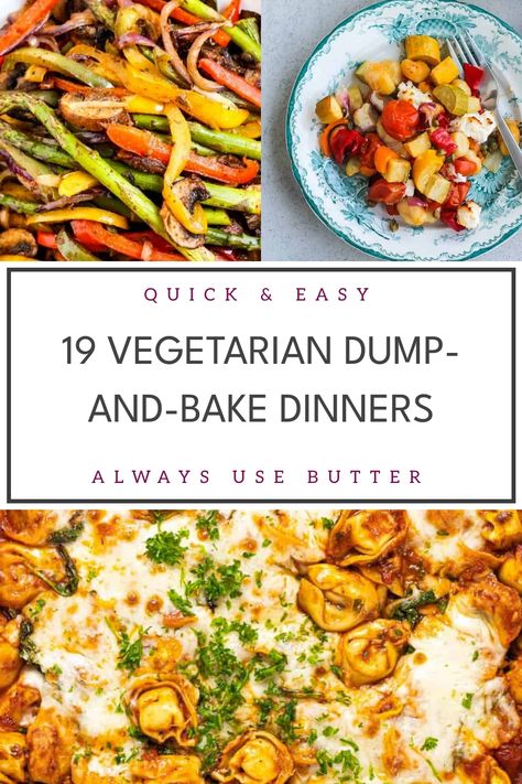 Looking for some easy vegetarian meals to save time in the kitchen? These dump-and-bake dinners are the perfect solution! Skip the hassle and enjoy delicious and nutritious easy vegetarian dinners that come together with minimal effort. From casseroles to one-pan bakes, these recipes make meal prep a breeze. Try out these no-fuss dishes for a stress-free cooking experience any night of the week. Meatless Crockpot Meals Dump Dinners, Oven Meals Vegetarian, 15 Min Vegetarian Meals, Vegitaren Dinners, Easy Family Vegetarian Dinners, Vegetarian Dump Recipes, Easy Oven Meals Vegetarian, Dump And Bake Quinoa Casserole, Oven Dinner Recipes Vegetarian