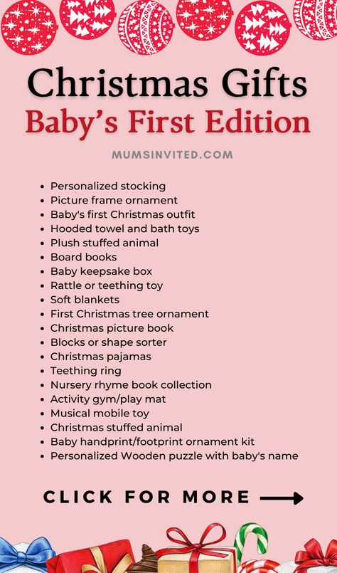 Find the perfect Christmas gifts for baby girl in 2023! Get unique gift ideas for newborns, 3 month olds, 4 month olds, 6 month olds, baby girls, and expecting parents. Discover homemade, DIY, and aesthetic baby's first Christmas gift ideas. Search now for thoughtful new and handmade Christmas gifts from Grandma and Grandpa. Whether you're looking for special newborn gifts or want to make baby's first Christmas memorable, you'll find the best baby Christmas gift inspiration! Christmas With A 3 Month Old, Christmas With A 7 Month Old, 2 Months Until Christmas, Baby Christmas Gift Ideas Diy, Diy Baby's First Christmas, Newborn First Christmas Gift, Christmas For 4 Month Old, Grandmas First Christmas Gift Ideas, Christmas With A One Year Old