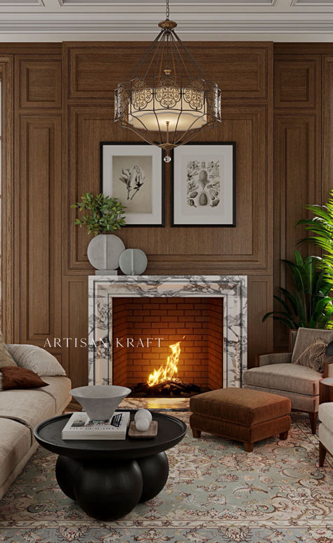 Modern transitional marble fireplace mantel in a home family room. The space interior design is more traditional while the fireplace surround is more modern. Art Deco Fireplace Surround, White Marble Fireplace, Fireplace Mantel Surround, Transitional Fireplace, Art Deco Fireplace, Fireplace Mantel Surrounds, Marble Fireplace Mantel, Mantel Surround, Marble Fireplace Surround