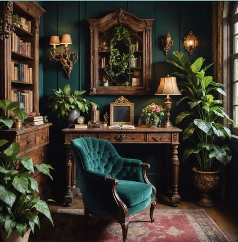 Dark Academia Living Room, Dark Academia Interior, Sage Green Living Room, Dark Green Living Room, Academia Bedroom, Sofa Table Decor, Teal Living Rooms, Shed Interior, Victorian Living Room