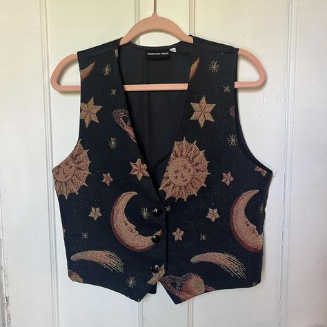 vintage celestial print vest. gorgeous sparkly sun... - Depop Celestial Clothes Aesthetic, Celestial Print Clothing, Queer Homecoming Outfits, Magiccore Outfit, Whimsigoth Vest Outfit, Moon And Sun Outfit, Sun Outfit Aesthetic, Masc Whimsigoth Outfits, Celestial Outfit Aesthetic