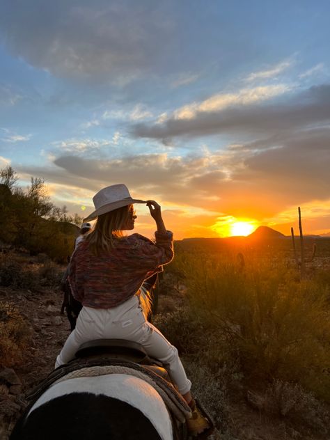 #arizona #desert #west #cowgirl #horseback #sunset Arizona Cowgirl Aesthetic, Western Sunset Photoshoot, Arizona Cowgirl, Cowgirl Sunset Pictures, Cowgirl Horse Photography, Horse And Rider Photography Sunset, Shoot Poses, Gravel Road, Arizona Desert