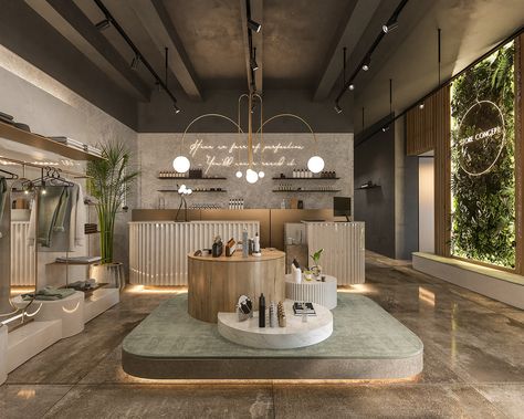 Store Concept Design on Behance Modern Spa Interior Design, Wellness Retail Store Design, Counter Ideas For Shop, Boutique Shop Interior Design, Industrial Salon Design Interiors, Concept Store Design Retail Interior, Day Spa Interiors, Store Concept Design, Deco Spa