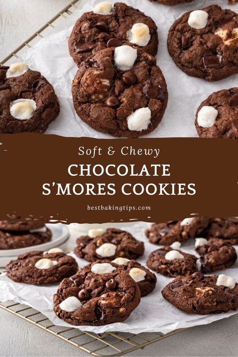 Indulge in the ultimate treat with Chocolate S'mores Cookies! 🍫🔥 Gooey marshmallows, crunchy graham crackers, and luscious chocolate come together in one irresistible cookie. It's a delicious twist on the classic American favorite that will leave you craving more. Get ready to satisfy your sweet tooth! #ChocolateSmoreCookies #DeliciousTwist #SweetIndulgence 🍪🤤 Smores Cookies Chocolate, Chocolate S’more Cookies, Chocolate Smores Cookies Recipes, S’mores Chocolate Cookie, Insomnia Smores Cookies Recipe, Chocolate S’mores Cookies, Brownie Marshmallow Cookies, Double Chocolate Smores Cookies, Cookie Recipes Smores