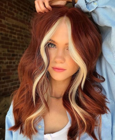 Ginger Hair with Blonde Money Piece Red And Blonde Halo Hair, Red Hair With White Highlights, Strawberry Blonde With Money Piece, Split Hair Color, Bright Copper Hair, Dark Ginger Hair, Ginger Hair Dyed, 2024 Haircuts, Demon Prince