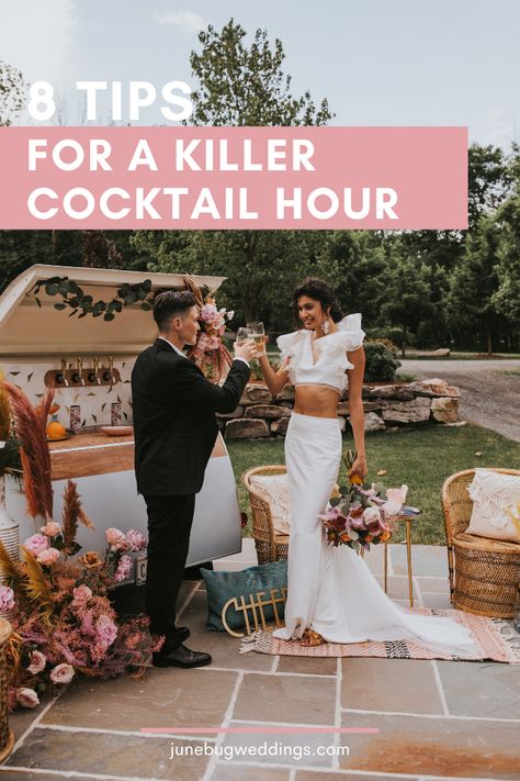 Give your wedding guests a moment to relax and enjoy some drinks! Here are 8 tips for a killer wedding cocktail hour. l Image by Jordan Jankun Photography Reception Drinks Wedding, Wedding Ideas Cocktail Hour, Cocktail Outdoor Wedding, Pre Wedding Cocktail Party, Wedding For 40 Guests, Food For Cocktail Hour Wedding Reception, Backyard Cocktail Hour Wedding, Cocktail Hour Backyard Wedding, Cocktail Hour Foods Wedding