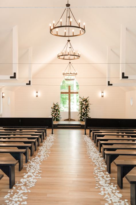 modern farm chapel ceremony 🤍 Chapel Ceremony Decorations, Simple Chapel Wedding Decor, Simple Chapel Wedding, Chapel Wedding Decor, Simple Church Wedding Decorations, Wedding Ceremony Chapel, Chapel Design, Simple Church Wedding, Chapel Ceremony