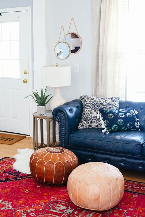 Living room accents Navy Blue Leather Couch, Layered Mirrors, Blue Leather Couch, Couch Rug, Navy Couch, Blue Couch Living, Blue Sofa Living, Blue Sofas Living Room, Blue Couch Living Room