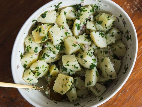 Moroccan Potato Salad Recipe | Saveur Potato Salad Mustard, Potato Salad Dressing, Potato Salad Healthy, Moroccan Recipes, Potato Salad With Egg, Moroccan Dishes, Salad Recipes Video, Potato Salad Recipe, Moroccan Food