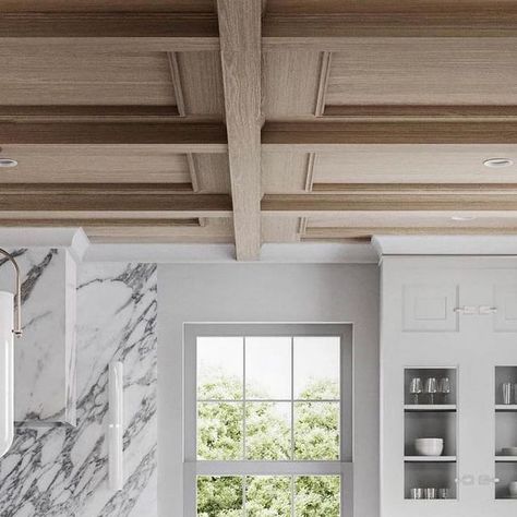 Light Wood Coffered Ceiling, Contemporary Coffered Ceiling, Kitchen Ceiling Treatments, White Oak Coffered Ceiling, Modern Suspended Ceiling, Kitchen With Coffered Ceiling, Tray Ceiling Detail, Ceiling Soffit Design, Ceiling Cladding Ideas