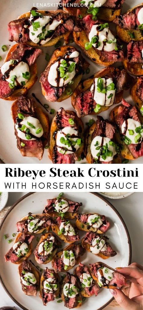 Beef Appetizers For Party Fancy, Prime Rib On Crostini, Bruchetta Appetizers Steak, Red Meat Appetizers, Fancy Savory Appetizers, Nye Apps Holiday Appetizers, Sirloin Steak Appetizers, Holiday Steak Bruschetta, Burrata Steak Crostini