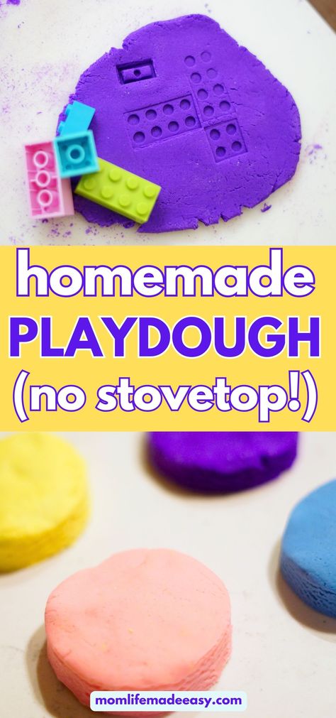 two pictures of homemade playdough in a variety of colors with large text that reads "homemade playdough (no stovetop!) Microwave Playdough Recipe, Diy Playdough Recipe, Diy Playdough No Cook, Flour Playdough Recipe, Play Dough Recipe Easy, No Cook Play Dough Recipes, How To Make Playdough, Playdough Activities Preschool, Frozen Dinosaur Eggs