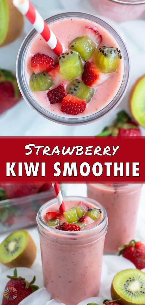 Strawberry Kiwi Smoothie is an easy 5-ingredient smoothie with a delicious flavor combination. Made in just 5 minutes, this smoothie is perefct for enjoying all summer long! Kids and adults will the the sweet and tart flavor combination in this healthy smoothie. Take it on-the-go for a quick breakfast or enjoy it for a refreshing afternoon drink. Kiwi Breakfast Smoothie, 5 Ingredient Smoothies, Healthy Tasty Smoothies Recipes, Smoothies With Kiwi Fruit, Kiwi Blueberry Smoothie, Kiwi And Strawberry Smoothie, Smoothie Recipes With Kiwi, Healthy Kiwi Smoothie, Kiwi Smoothie Recipes Healthy