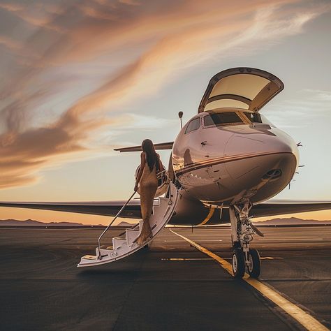 Luxury Private Jet: A woman boards a luxury private jet, silhouetted against a stunning sunset on the runway. #sunset #luxury #jet #woman #travel #aiart #aiphoto #stockcake ⬇️ Download and 📝 Prompt 👉 https://ayr.app/l/pYQM Jet Setter Lifestyle, Future Luxury Lifestyle, Luxury Airplane Aesthetic, Kim K Private Jet, Private Plane Photoshoot, Private Jet Lifestyle, Jet Setter Aesthetic, Luxury Lifestyle Photography, Private Plane Aesthetic