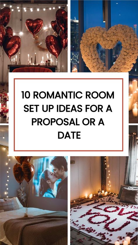 Setting up a romantic room doesn’t have to be complicated or expensive. With a little creativity and some thoughtful touches, you can transform any space into a cozy, intimate setting perfect for special moments. Here are 10 Romantic Room Set Up Ideas for your next date night or even for a proposal! Room Decor Ideas Romantic, Proposal Bedroom Ideas, Romantic Night Decorating Ideas, Marry Me Hotel Room Decor, Romantic Bedroom Ideas For Valentines For Him Date Nights, Date Night In Bedroom, Romantic Table Decorations For Two, Date Night Decoration Ideas, Bedroom Proposal Ideas