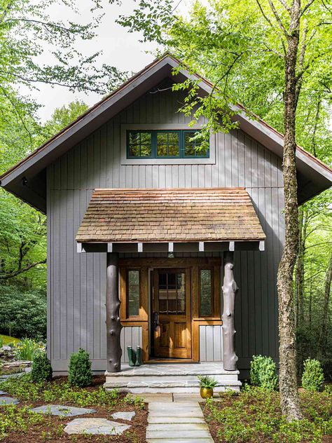 Cottage With Guest House, Guest Houses Cottage, Woods Cottage Aesthetic, Brick Guest House, Rustic Guest House Small Cabins, Building A Guest House, Small Gable House, Small Cottages In The Woods, Mountain Guest House