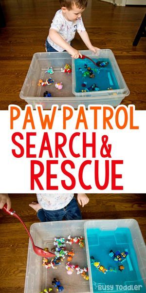 Paw Patrol Search and Rescue Sensory Bin: scoop and transfer sensory bin; quick and easy sensory; montessori sensory activity for toddlers from Busy Toddler Paw Patrol Treasure Hunt, Paw Patrol Party Activities For Kids, Paw Patrol Sensory Play, Paw Patrol Party Games Activities, Paw Patrol 6th Birthday Party, Paw Patrol Preschool Activities, Paw Patrol Birthday Games, Paw Patrol Birthday Ideas, Paw Patrol Party Games