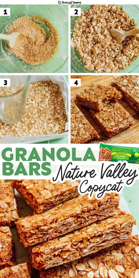 Save money by making copycat Nature Valley granola bars at home (and save time by not having to run to the store to buy them)! This homemade version is super simple to make and tastes just like the real thing. Using my food scientist background, I worked backward to duplicate the flavor and texture of this classic snack at home. Whole Food Granola Bars, Natures Valley Granola Bars, Healthier Versions Of Food, Diy Nature Valley Granola Bars, Copycat Nature Valley Granola Bars, At Home Granola Bars, How To Make Granola Bars Healthy, Oats And Honey Granola Bars Chewy, Homemade Nature Valley Granola Bars