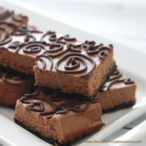 Triple Chocolate Cheesecake Bars Cheesecake Slices, Chocolate Cheesecake Bars, Cheese Desserts, Creamy Chocolate Cheesecake, Triple Chocolate Cheesecake, Heavenly Recipes, Wacky Cake, Bakery Treats, Cheesecake Squares