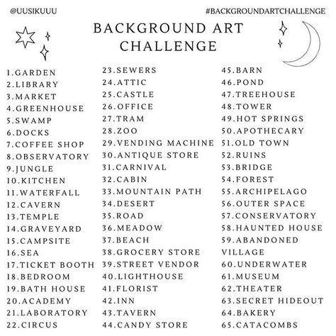 Uusikuu 🌙 (@uusikuuu) • Background art prompt list. Background art drawing ieas challenge Art Challenge Prompt List, Improve Your Art Challenge, Art List Challenge, List Of Art Ideas, Art Inspiration Prompts, Aesthetic Drawing Prompts, Art For Art Block, Kawaii Art Prompts, Art Prompt Ideas