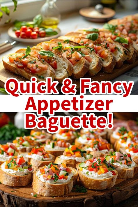 Quick & Delicious: 10-Minute Gourmet Appetizers for Any Occasion Simple Orderves Appetizers Appetizer Ideas, Baguette Bread Appetizers, Bruschetta Appetizer Party Ideas, Baguette Appetizers Simple, Appetizer With Baguette, Appetizer Board Ideas Simple, Baguette Ideas Appetizers, Sliced Baguette Recipes, Baguette Recipe Ideas Dinners