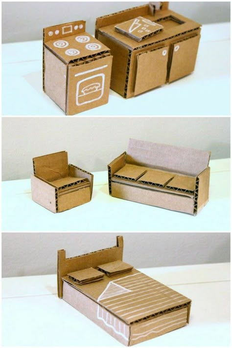 Cardboard Dollhouse, Barbie House Furniture, Diy Barbie House, Cardboard Box Crafts, Doll Furniture Diy, Seni Dan Kraf, Diy Barbie Furniture, Doll House Plans, Doll House Crafts