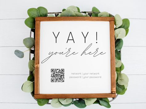 Wifi Art Print, Custom Wifi Sign, Wireless Network Decor, Home Office Wall Art, Printable Wifi Password, Tech Decor, Yay You're Here - Etsy Small Guest Room Ideas Cozy, Wifi Password Sign Funny, Guest Room Decor On A Budget, Diy Wifi Password Sign, Guest Room Signs Wall Decor, Air Bnb Signs, Guest Bedroom Decor Cozy, Bnb Ideas Interior Design, Small Guest Room Decor