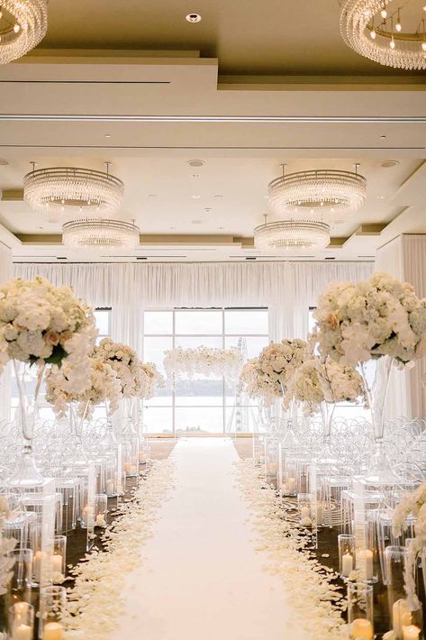 All White Wedding Ceremony Indoor, Glam Bridal Bouquet, Wedding Decor Ceremony Indoor, Aisle Design Wedding, White Wedding Ceremony Indoor, Ballroom Wedding Aesthetic, All White Ceremony Decor, Indoor Wedding Ceremony Decorations Aisle, White Floral Decor Wedding