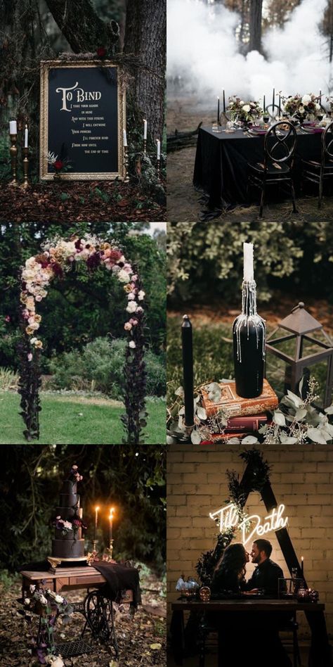 Gothic Witch Wedding, Black Forest Wedding Theme, Forest Goth Wedding, Goth Viking Wedding, Gothic Wedding Ideas Victorian, Modern Goth Wedding, Spooky Forest Wedding, Gothic Woodland Wedding, Gothic Wedding Alter