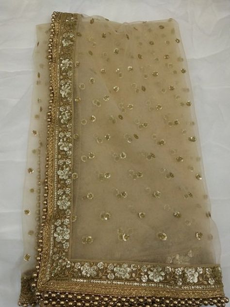 Beautiful Golden Sequence Work Net Dupatta | Etsy Pakistani Maxi Design, Heavy Dupatta Designs Unique, Pakistani Maxi, Golden Dupatta, Churidar Neck, Dupatta Design, Designer Shawl, Embroidery Suits Punjabi, Bridal Dupatta