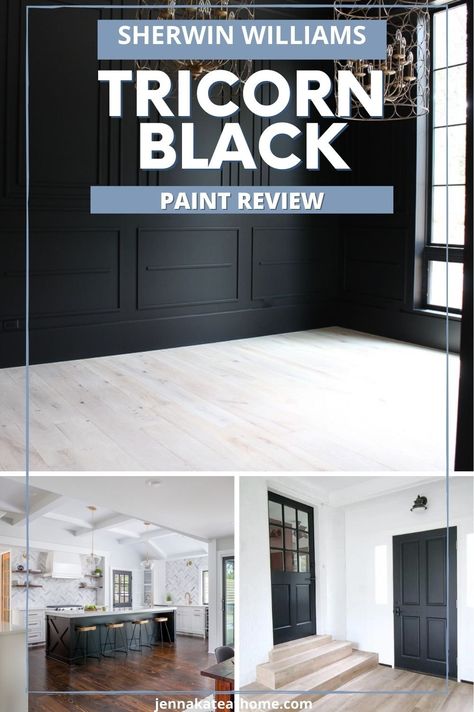 Are you looking for the perfect shade of black paint for an accent wall, kitchen island or even just your front door? Whether you want to go bold with all over color or just as a touch of contrast, Sherwin Williams Tricorn Black is one of the best shades of black paint. Read this full paint review to see if it's the right color for your home! Black Paint Kitchen Cabinets, Black Paint For Kitchen Island, Painting Kitchen Island Black, Sherwin Williams Black Cabinets, Best Black Sherwin Williams Paint, Best Black Interior Paint Color, Best Accent Color For Black And White, Best Black Paint For Accent Wall, Black Interior Doors Kitchen