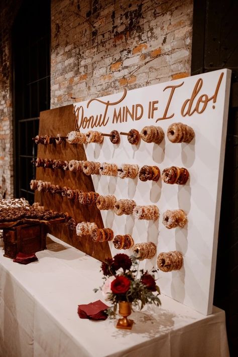 Red Wine Copper and Gold Fall Wedding - Weddingchicks % Donut Board For Wedding, Donut Peg Board Wedding, Wedding Reception Donut Bar, Donut Wall For Wedding, Fall Donut Wall, Wedding Food Decor, 2023 Wedding Decorations, Donut Pegboard Wedding, Wedding Doughnut Wall