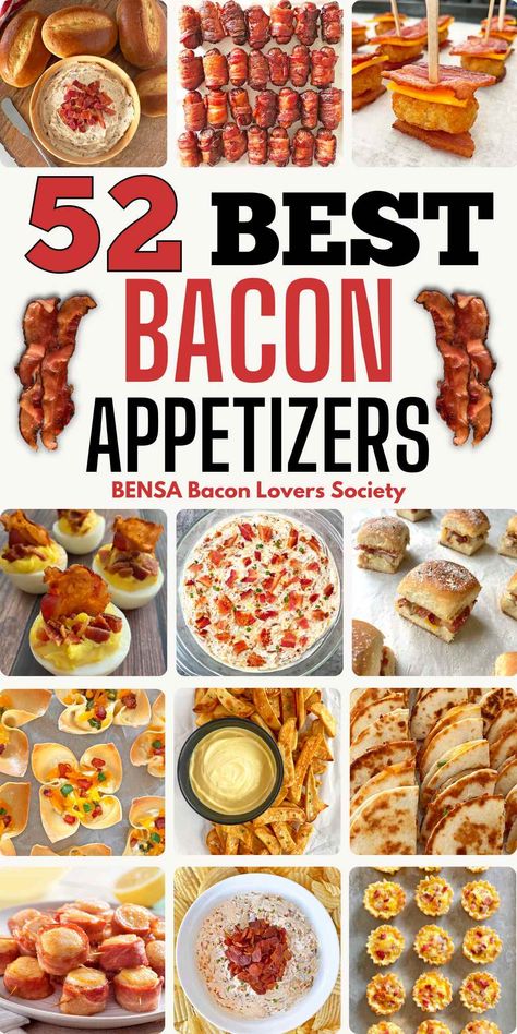 A collage of a dozen bacon appetizers. Appetizer Game Day, Easy Game Day Snacks Appetizers, Bacon Balls Appetizers, Hot Appetizers Bites, Bacon Finger Food Ideas, Bacon Wrapped Food Ideas, Bacon Ideas Snacks, Bacon Snack Recipes, Bacon Snacks Easy