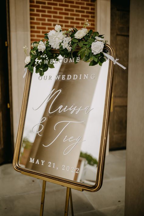 Romantic White and Sage Green Ybor City Wedding | Hotel Haya | Photography by Gold Mirror Wedding Sign Writing, Wedding Mirror Guest Book, Mirror Wedding Sign Welcome, Mirror Entry Sign Wedding, Gold Frame Mirror Wedding Sign, Mirrored Signs For Wedding, Mirror Ceremony Sign, Welcome To Our Wedding Sign Gold Mirror, Welcome Wedding Sign On Mirror