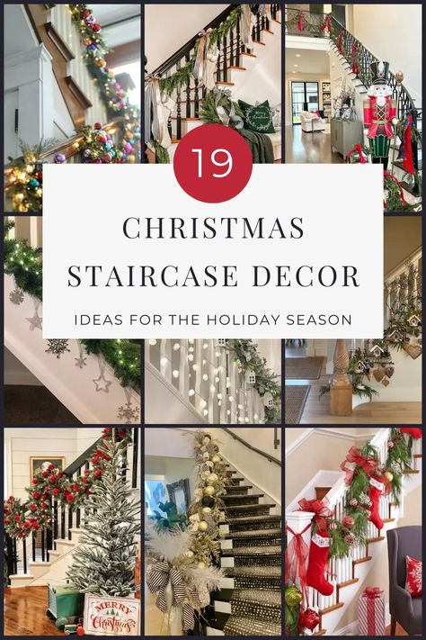 19 Christmas Staircase Decorating Ideas - Finding Mandee How To Decorate Under A Staircase, Garland On Bottom Of Staircase, Angled Stair Wall Decor, Christmas Stair Case Ideas, Railing Christmas Decorations Staircases, Simple Stair Garland Christmas, Stairway Railing Christmas Decorating, Christmas Decorations For Banisters, Holiday Banister Decor