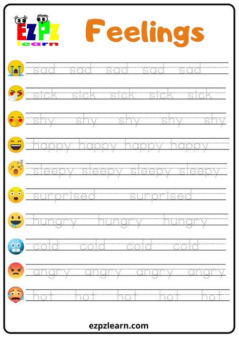 Feelings Word Tracing Worksheet - Ezpzlearn.com Emotions Tracing Worksheet, Feelings Worksheet Kindergarten, Feelings Worksheet Preschool, Vocabulary Kindergarten, Reading Kindergarten, Word Tracing, Teaching Emotions, Word Work Stations, Teaching Cursive