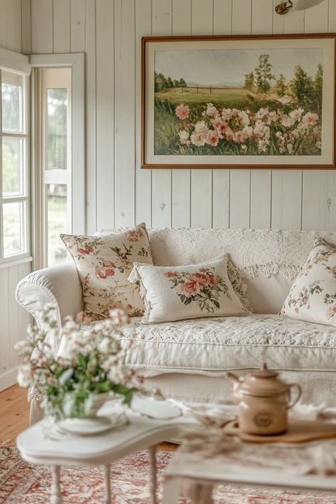 "Transform your home with the whimsical appeal of Cottagecore Decor! 🌸🏡 Ideal for adding vintage, nature-inspired elements to your interiors. 🌿✨ #CottageStyle #HomeDecor #RusticInspo" Grandma Core Living Room, Cottage Core Lounge, Pastel Couch, Vintage Cottage Living Room, Grandma Chic Decor, Whimsical Interior Design, Light Cottagecore, Whimsical Interior, Cottagecore Living Room