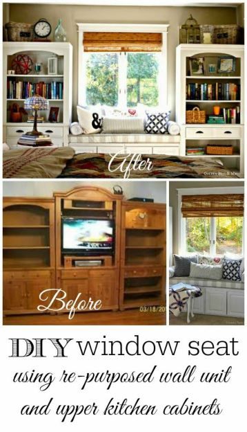 Golden Boys and Me: Repurposed Wall Unit {Take Two} Bedroom Window Seat, Diy Window Seat, Re Purpose, Window Seat Kitchen, Upper Kitchen Cabinets, Shelf Kitchen, Entertainment Center Repurpose, Bedroom Window, Diy Window