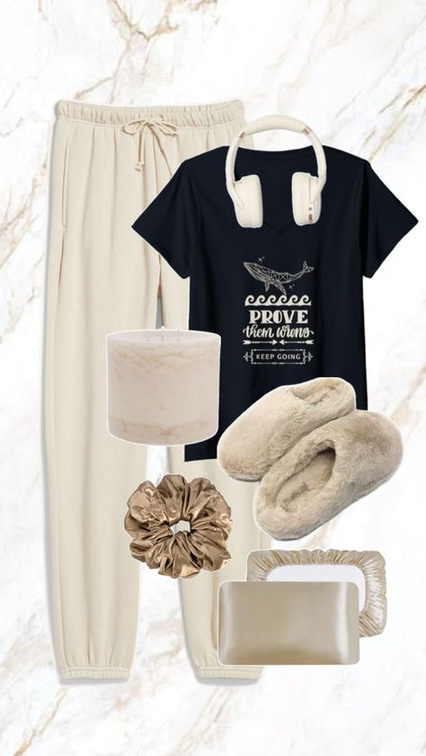 Collage beige aesthetic soft loungewear sweats, t-shirt and accessories Beige Loungewear, Sweats Outfit, Outfit Collage, Soft Slippers, Scrunchies, Short Sleeve Tee, Headphones, Lounge Wear, Slippers