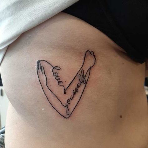 Love Yourself Hug Heart Design Forte Tattoo, American Classic Tattoo, Love Tattoo Ideas, Self-love Tattoo Ideas, Saint Tattoo, Love Yourself Tattoo, Self Love Tattoo, 13 Tattoos, Love Tattoo