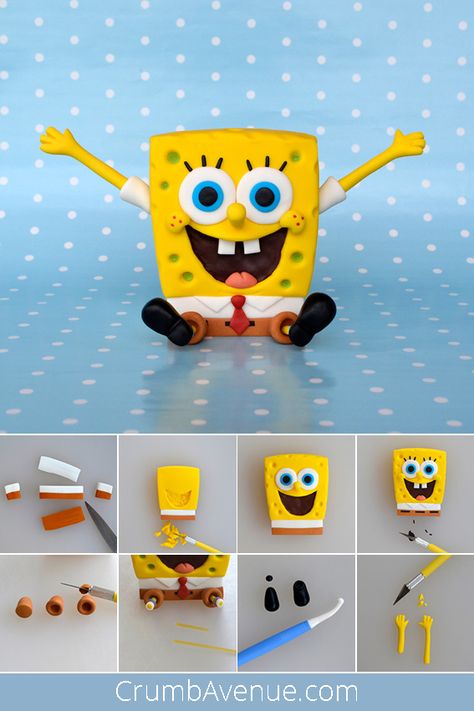 fondant, figure, figurine, sponge bob, character, step by step, instructions, how to make, pictorial, gum paste, idea, clay, inspiration, birthday, sea, ocean, Crumb Avenue, sugar craft Spongebob Arts And Crafts, Spongebob Polymer Clay, Fondant Spongebob, Spongebob Cake Topper, Character Step By Step, Modeling Chocolate Figures, Spongebob Birthday Cake, Spongebob Cake, Fondant Flower Tutorial