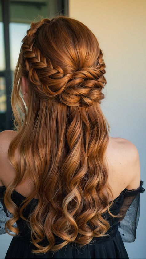 Hairstyles For Red Curly Hair, Pretty Hairstyles For Long Hair Prom, Hair For Red Dress, Classy Prom Hair Down, Hair Designs For Wedding, Red Prom Hair, Wedding Hairstyles For Long Hair Braid, Long Updo Hairstyles, Wedding Hairstyles With Braids