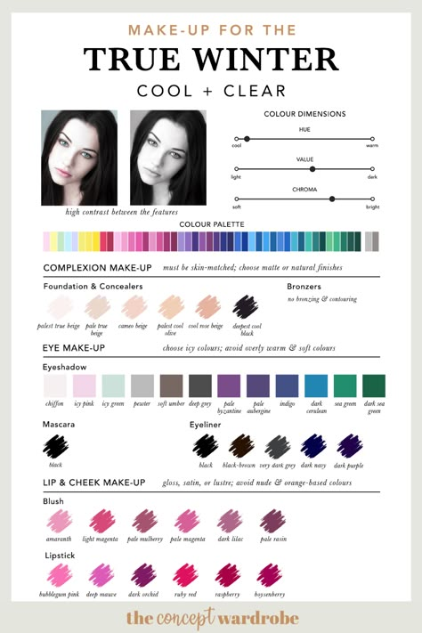 The True Winter Make-up Palette | the concept wardrobe Colour Analysis Cool Winter, Cool Clear Color Palette, Make Up For Winter Type, Winter Colour Analysis Palette, Makeup Looks For Cool Skin Tones, Hair Colors For True Winter, True Winter Color Palette Analysis, Make Up For Cool Winter, Clear Winter Makeup Looks