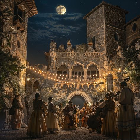 Moonlit Medieval Festivity: Under the soft glow of the moon, costumed performers gather in an ancient courtyard, celebrating tradition. #moonlight #courtyard #medieval #performers #celebration #aiart #aiphoto #stockcake ⬇️ Download and 📝 Prompt 👉 https://ayr.app/l/zgUi Medieval Dancing Aesthetic, Medieval Theatre Aesthetic, Medieval Court Aesthetic, Medieval Friendship Aesthetic, Medieval Traveler Aesthetic, Medieval Great Hall, Merchant Aesthetic Medieval, Medieval Ball Aesthetic, Traveler Aesthetic Medieval