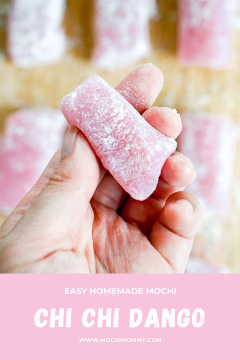 Closeup of a hand holding a pink mochi piece Chi Chi Dango Mochi Recipe, Chi Chi Dango, Mochi Recipe Microwave, Easy Mochi, Homemade Mochi, Pink Mochi, Dango Recipe, Butter Mochi, Strawberry Mochi