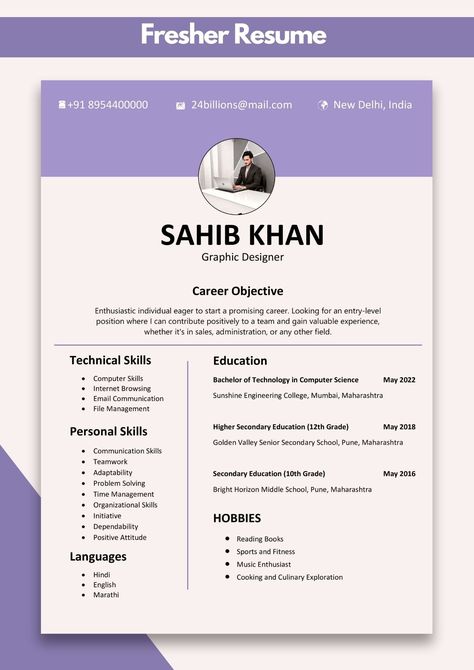 Format for Resume for Freshers | Resume Format for a Fresher Best Resume Format For Freshers, Resume Template For Freshers, Resume For Freshers, Cv Format For Job, Fresher Resume, First Job Resume, Best Cv Template, Job Resume Format, Unique Resume